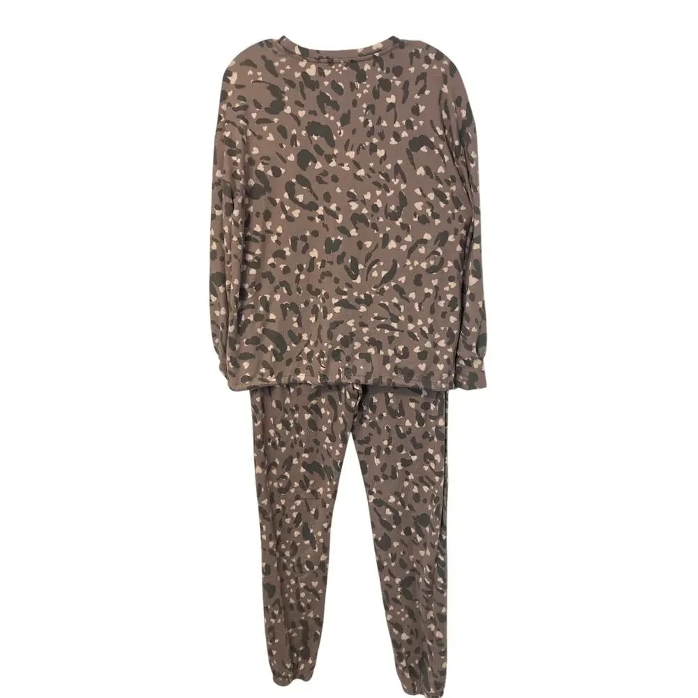 Como Sleep Brown Leopard Print Sweater Pants Two Piece Pajama Loungewear Medium